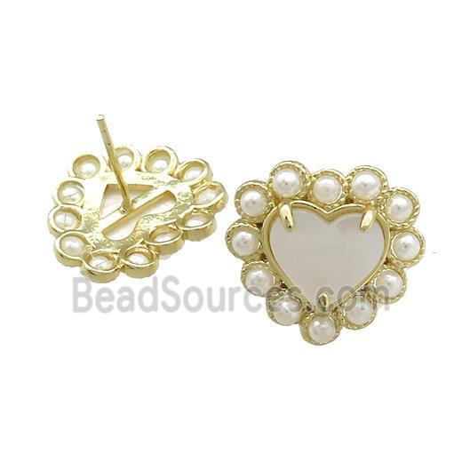 Copper Heart Stud Earring Pave White Shell Pearlized Resin Gold Plated