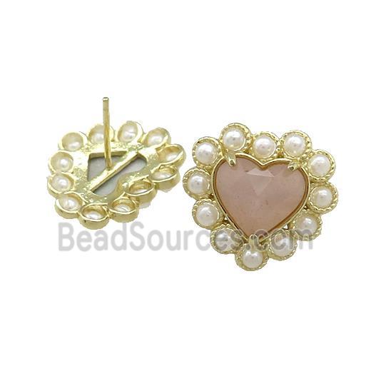 Copper Heart Stud Earring Pave Peach Sunstone Pearlized Resin Gold Plated