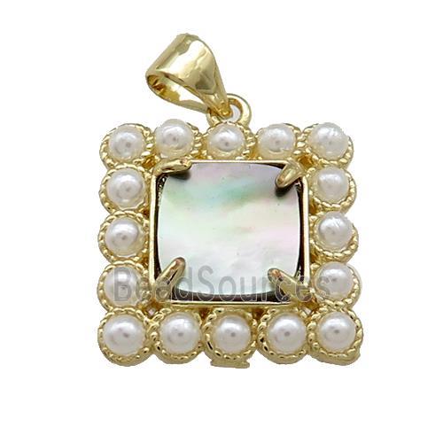 Copper Square Pendant Pave Gray Abalone Shell Pearlized Resin Gold Plated