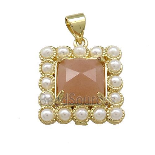 Copper Square Pendant Pave Peach Sunstone Pearlized Resin Gold Plated