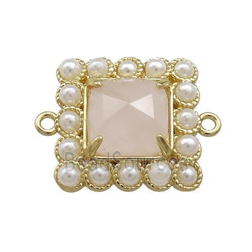 Copper Square Connector Pave Rose Quartz Pearlized Resin Gold Plated