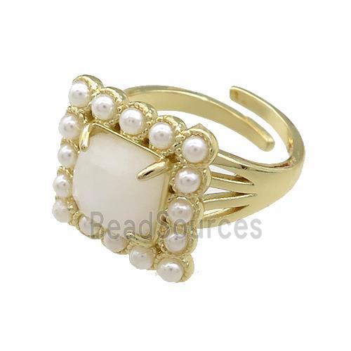 Copper Rings Pave White Moonstone Pearlized Resin Square Adjustable Gold Plated