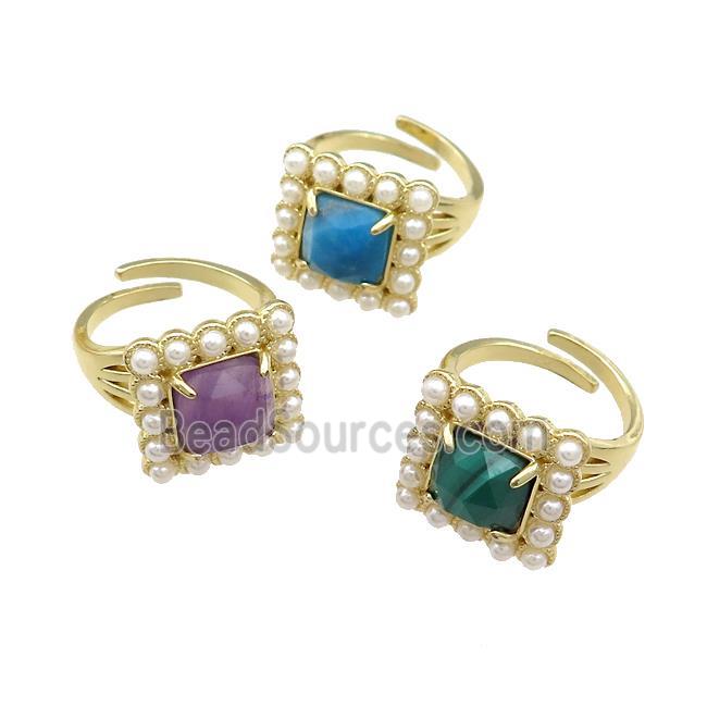 Copper Ring Pave Gemstone Pearlized Resin Square Mixed Adjustable Gold Plated