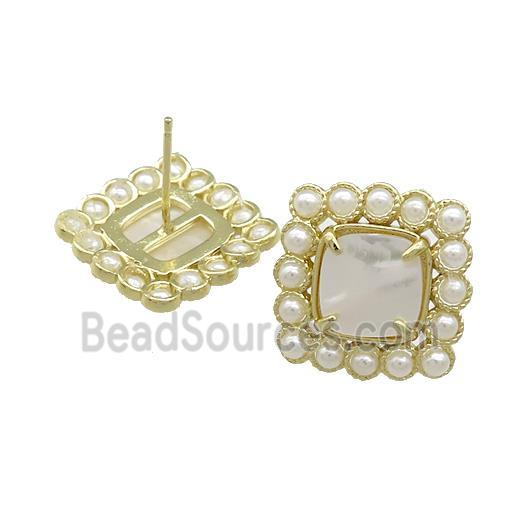 Copper Stud Earrings Pave White Shell Pearlized Resin Square Gold Plated