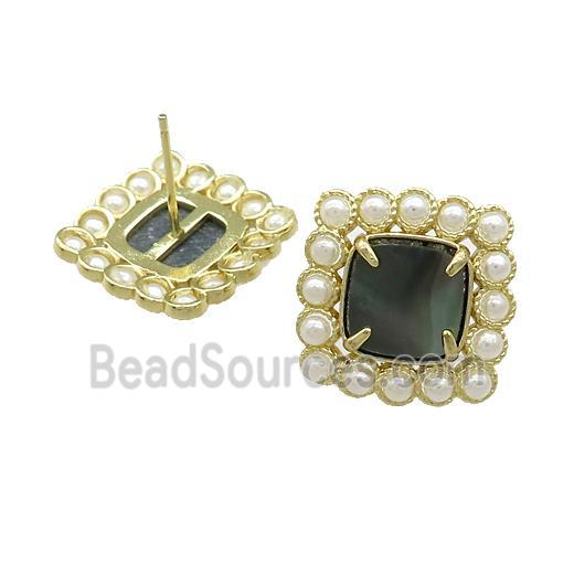 Copper Stud Earrings Pave Gray Abalone Shell Pearlized Resin Square Gold Plated