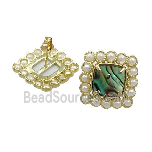 Copper Stud Earrings Pave Abalone Shell Pearlized Resin Square Gold Plated