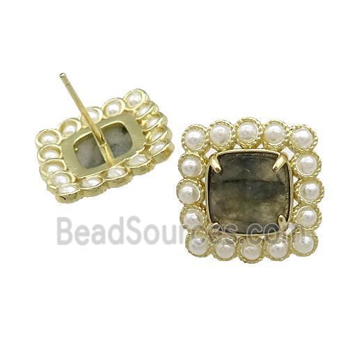 Copper Stud Earrings Pave Labradorite Pearlized Resin Square Gold Plated