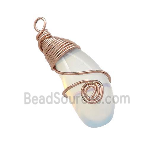 White Opalite Teardrop Pendant Copper Wire Wrapped Rose Gold