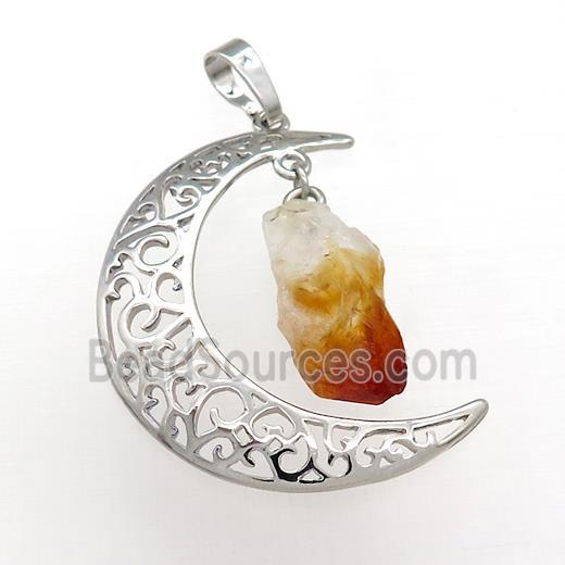 Copper Moon Pendant With Citrine Platinum Plated