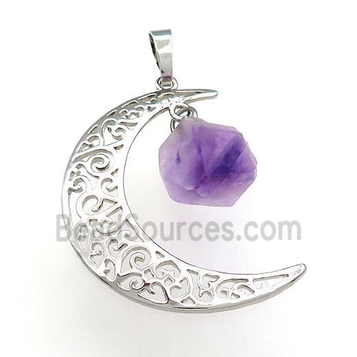 Copper Moon Pendant With Amethyst Platinum Plated