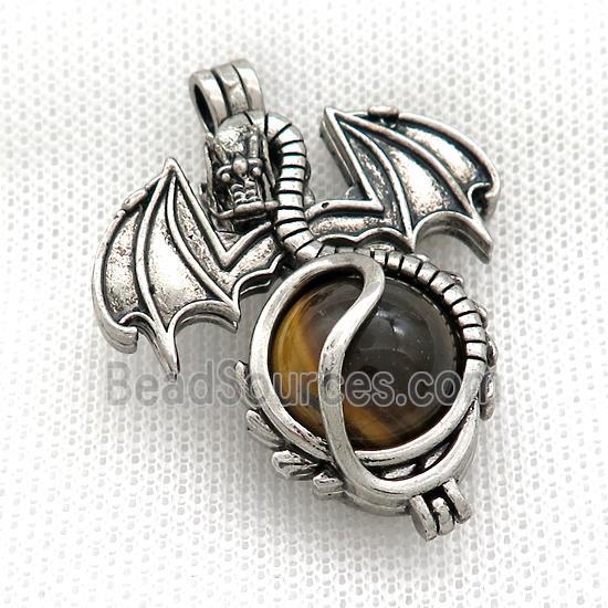 Alloy Dragon Charms Pendant Pave Tiger Eye Stone Antique Silver