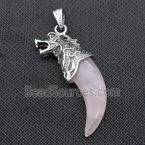 Alloy Wolf Pendant Pave Pink Rose Quartz Antique Silver