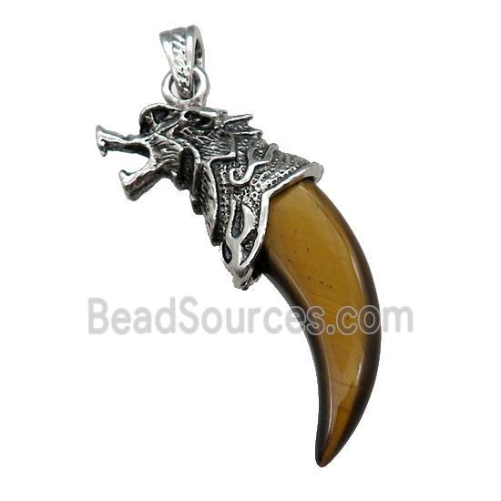 Alloy Wolf Pendant Pave Tiger Eye Stone Antique Silver