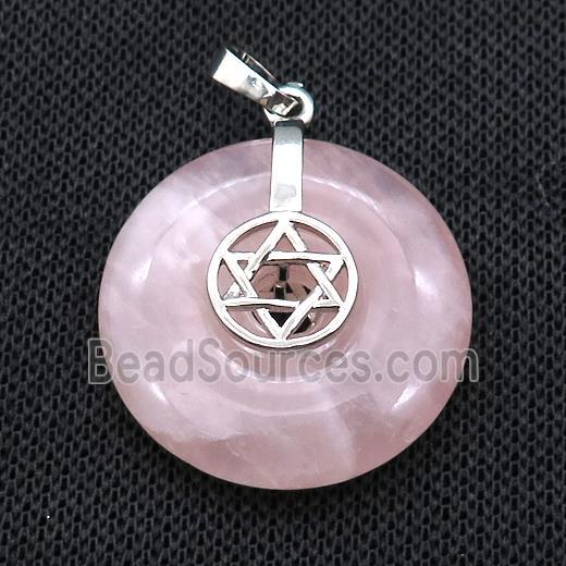 Natural Pink Rose Quartz Donut Pendant With Alloy David Star