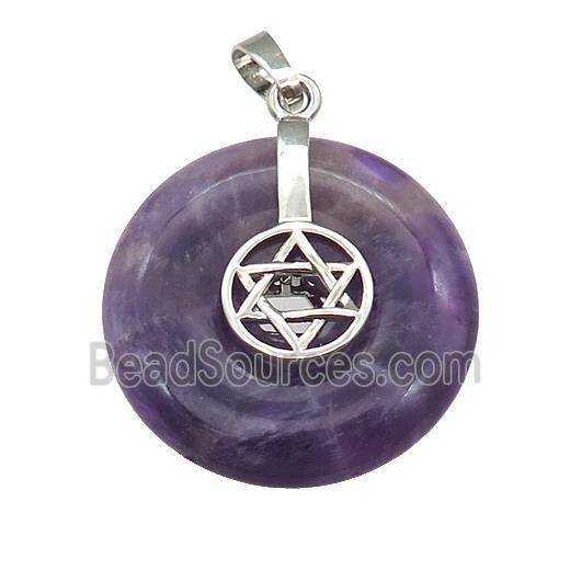 Natural Purple Amethyst Donut Pendant With Alloy David Star