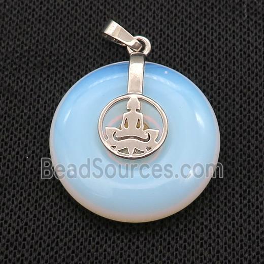 White Opalite Donut Pendant With Alloy Buddha OM