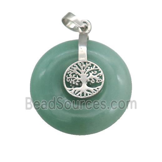 Natural Green Aventurine Donut Pendant With Alloy Tree Of Life