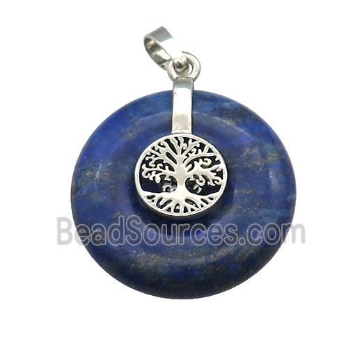 Natural Blue Lapis Lazuli Donut Pendant With Alloy Tree Of Life