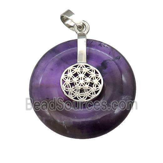 Natural Purple Amethyst Donut Pendant With Alloy Flower Of Life