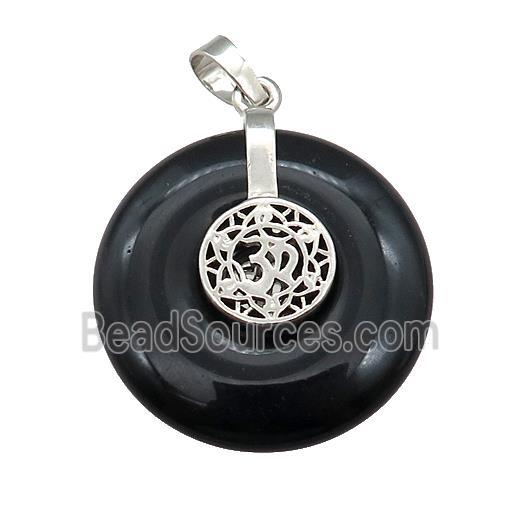 Natural Black Obsidian Donut Pendant With Alloy Chakra OM Symbol