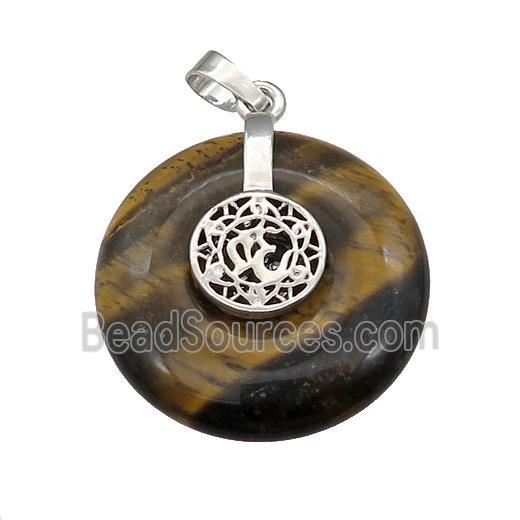 Natural Tiger Eye Stone Donut Pendant With Alloy Chakra OM Symbol