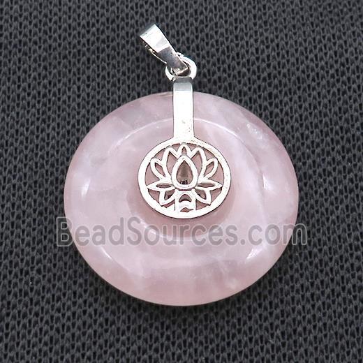 Natural Pink Rose Quartz Donut Pendant With Alloy Buddhist Lotus