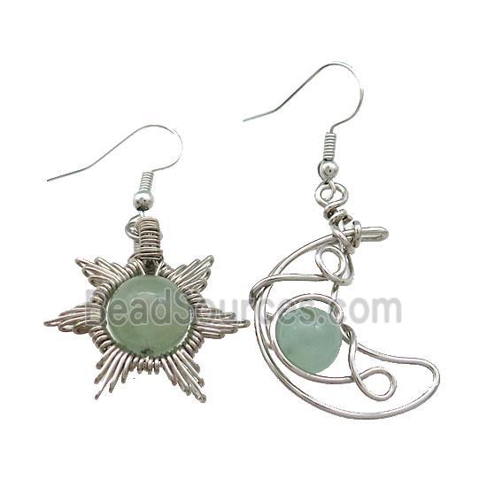 Copper Hook Earring Star Moon With Green Aventurine Wire Wrapped Platinum Plated