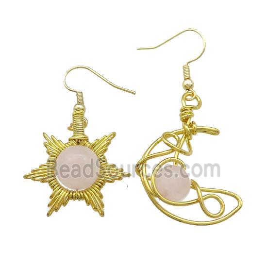 Copper Hook Earring Star Moon With Rose Quartz Wire Wrapped Gold Plated