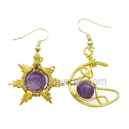 Copper Hook Earring Star Moon With Amethyst Wire Wrapped Gold Plated