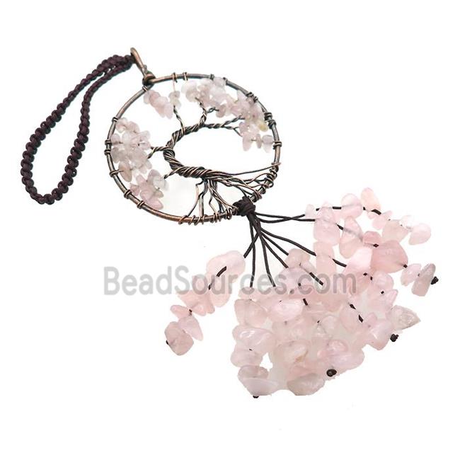 Tree Of Life Pendant Tassel With Rose Quartz Copper Wire Wrapped Antique Red