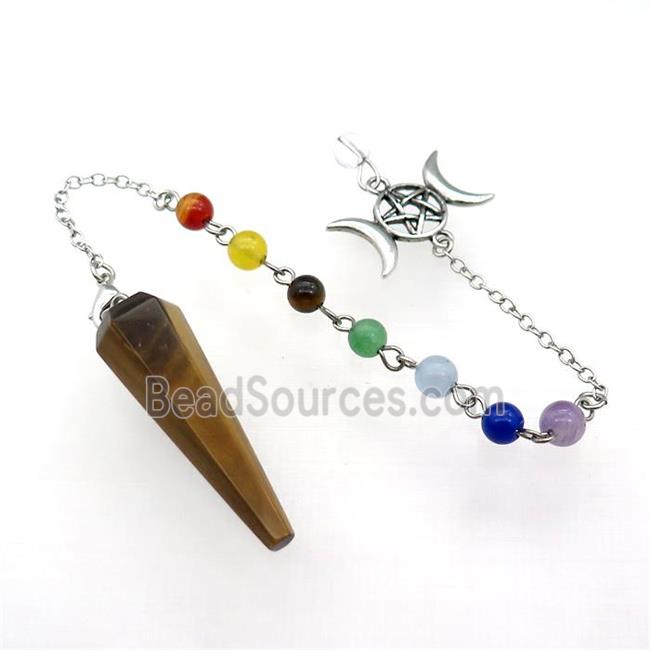 Tiger Eye Stone Pendulum Pendant With Gemstone Chakra Chain Alloy Star Moon Platinum Plated