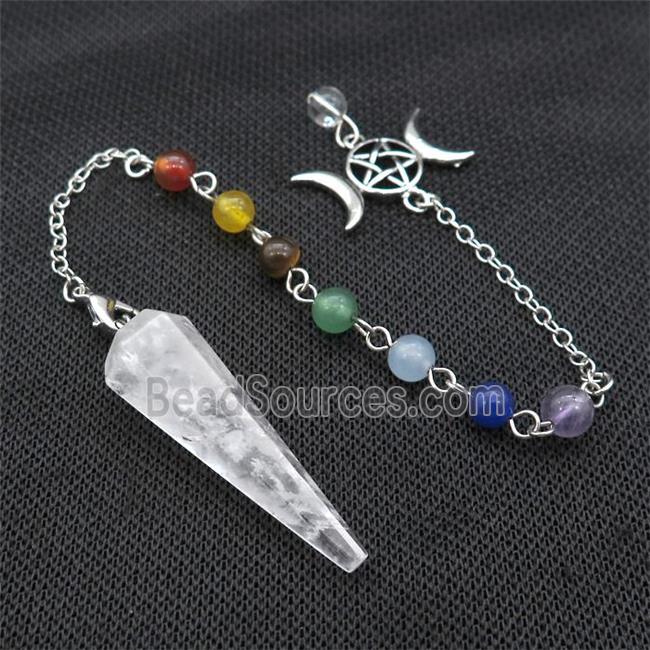 Clear Quartz Pendulum Pendant With Gemstone Chakra Chain Alloy Star Moon Platinum Plated