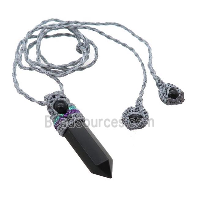 Black Obsidian Prism Necklace Gray Fabric Rope Cord