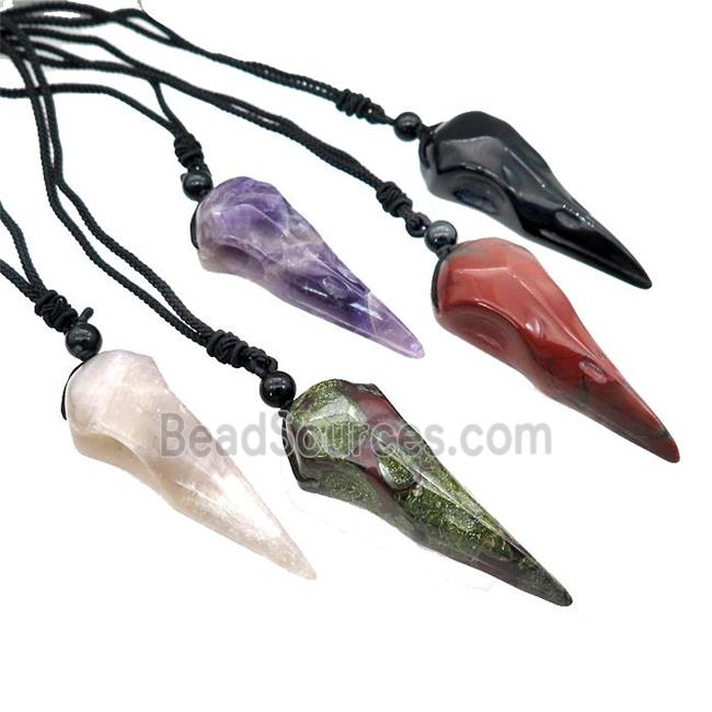 Gemstone Crow Skull Necklace Birds Black Nylon Rope Cord Mixed