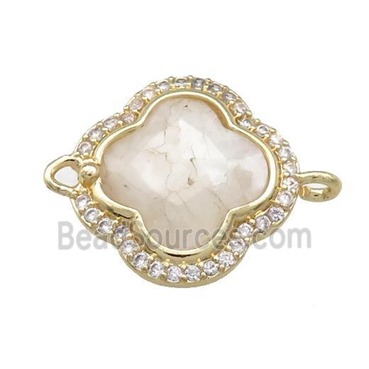 White Moonstone Clover Connector Pave Zircon Gold Plated