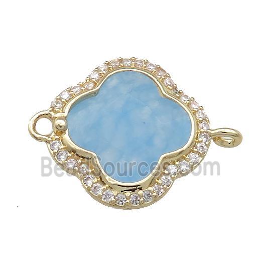 Jade Clover Connector Pave Zircon Blue Dye Gold Plated