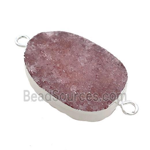 Pink Strawberry Quartz Oval Connector Flat Silver Plated