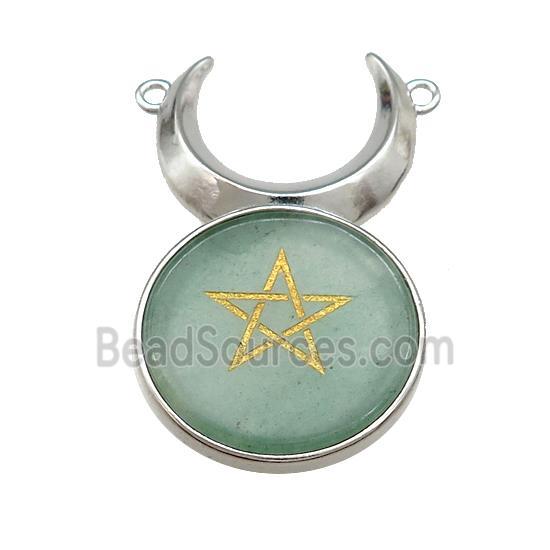 Green Aventurine Coin Star Symbols Alloy Moon Pendant Platinum Plated