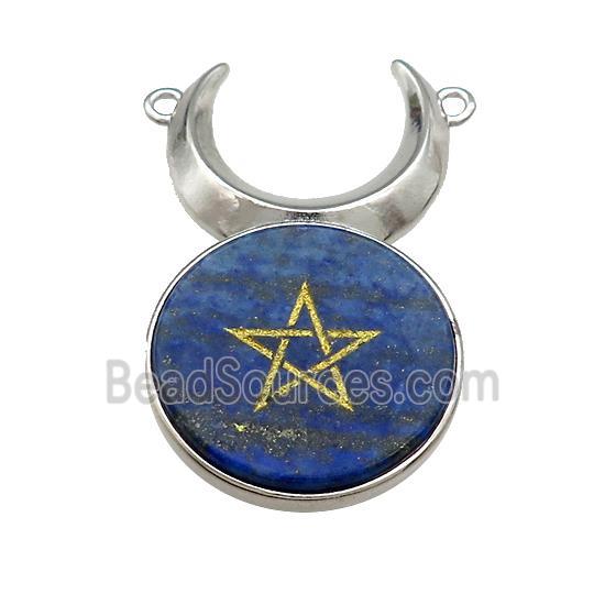 Natural Lapis Lazuli Coin Star Symbols Alloy Moon Pendant Platinum Plated