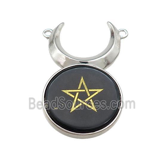 Black Obsidian Coin Star Symbols Alloy Moon Pendant Platinum Plated