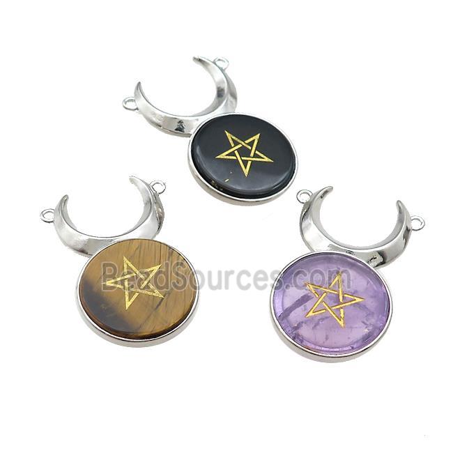 Mix Gemstone Coin Star Symbols Chakra Alloy Moon Pendant Platinum Plated