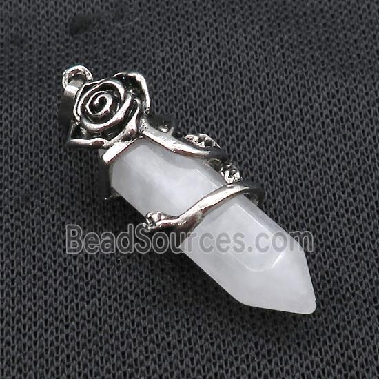 Natural Clear Quartz Prism Pendant Alloy Flower Wrapped