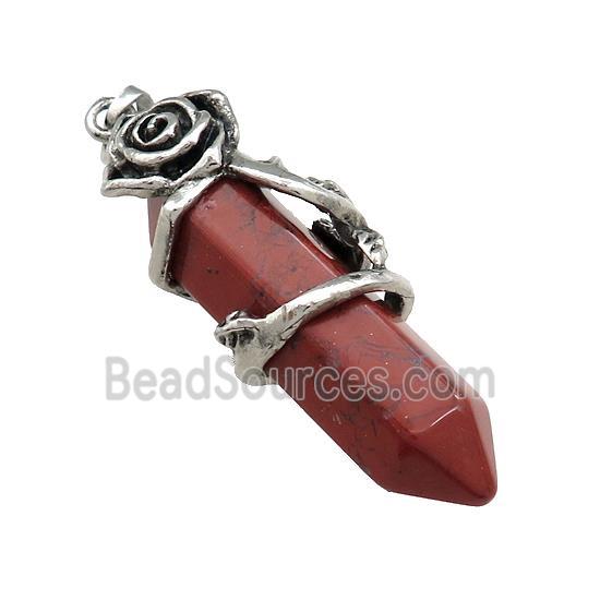 Natural Red Jasper Prism Pendant Alloy Flower Wrapped