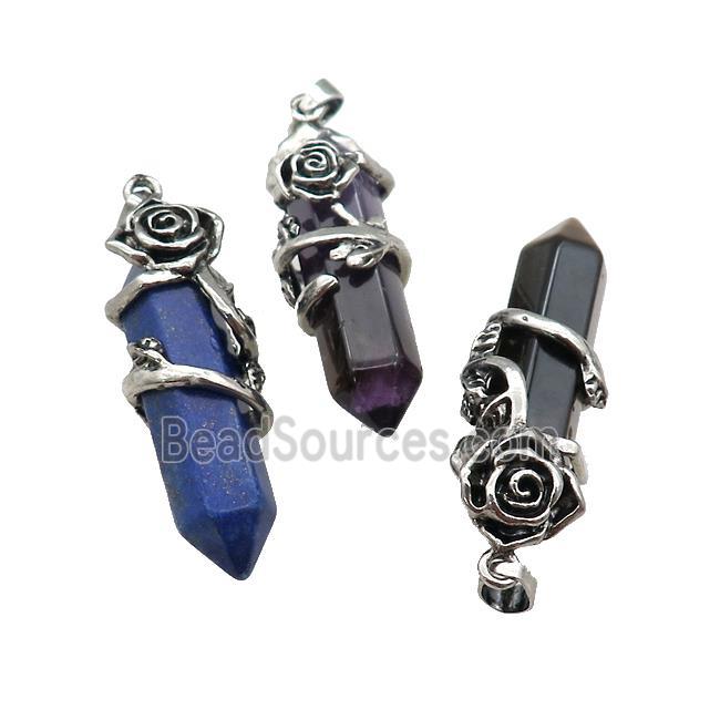 Natural Gemstone Prism Pendant Alloy Flower Wrapped Mixed Bullet