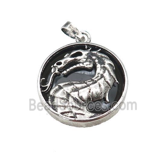 Alloy Zinc Dragon Pendant With Black Obsidian Antique Silver