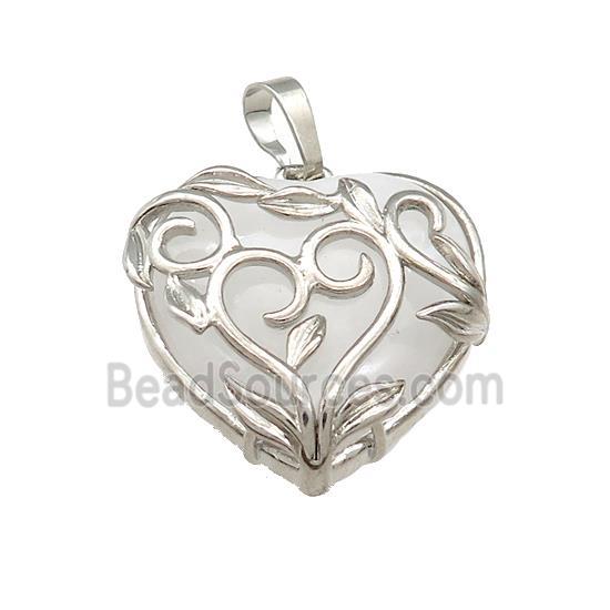 Natural Clear Quartz Heart Pendant Alloy Flower Wrapped Platinum Plated