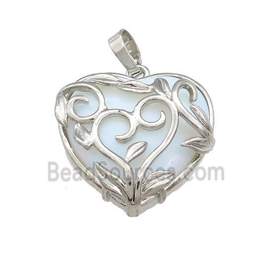 White Opalite Heart Pendant Alloy Flower Wrapped Platinum Plated