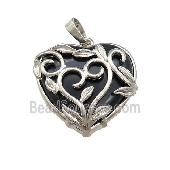 Black Obsidian Heart Pendant Alloy Flower Wrapped Platinum Plated