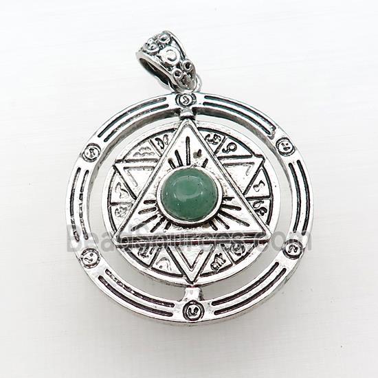 Zinc Alloy David Star Pendant Pave Green Aventurine Circle Antique Silver