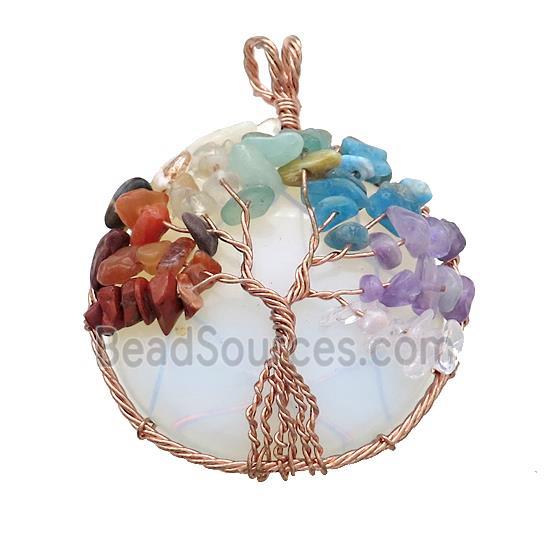 White Opalite Coin Pendant With Chakra Gemstone Tree Of Life Wire Wrapped Rose Gold